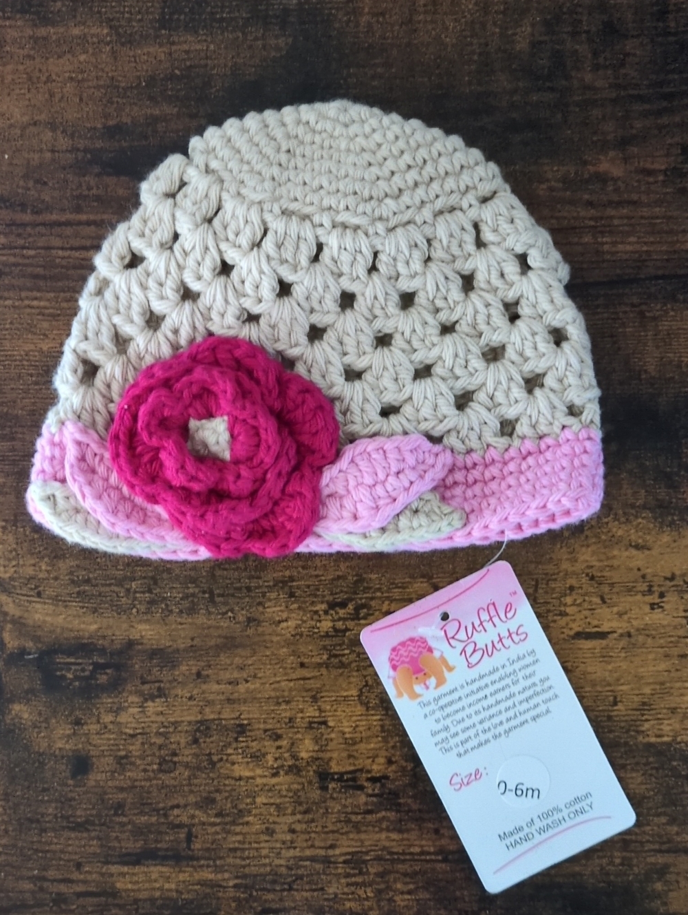 Ruffle Butts Beige Crochet Hat with Pink Trim and Fuchsia Flower